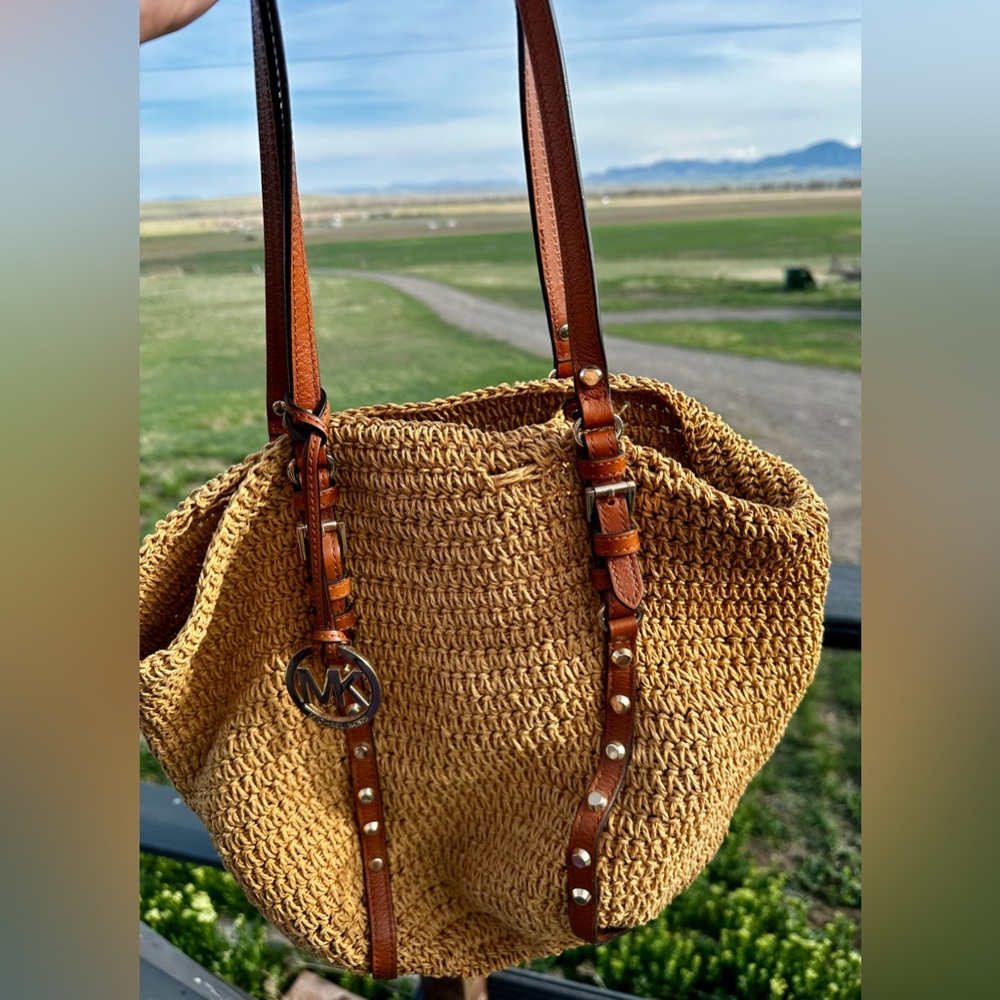 Michael Kors Brown Woven Raffia Tote with Leather Straps